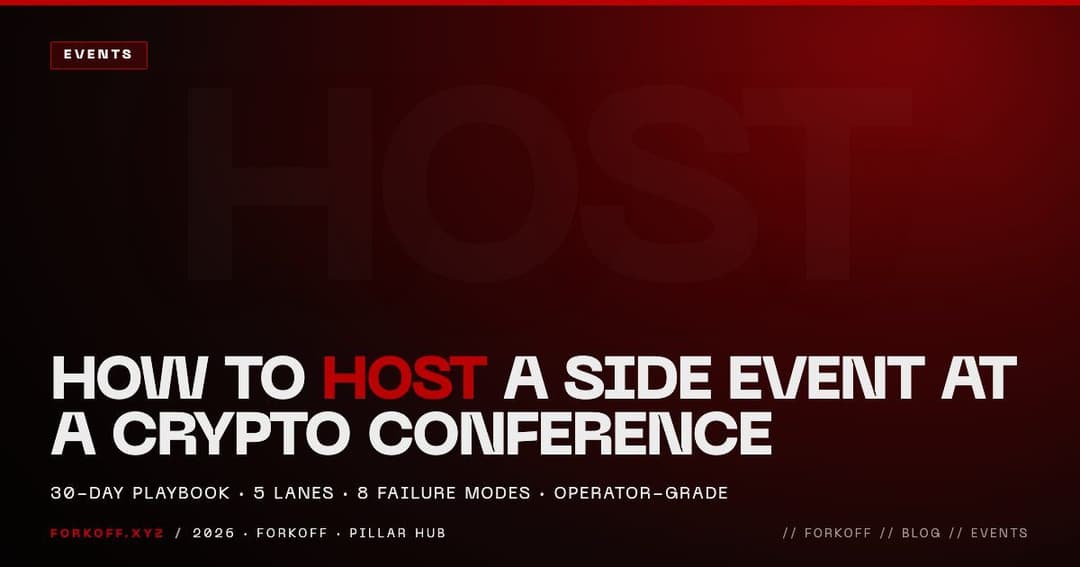 FORKOFF host side event crypto conference cover. Ghost watermark HOST plus title plus 30-day playbook, 5 lanes, 8 failure modes subtitle on red gradient.