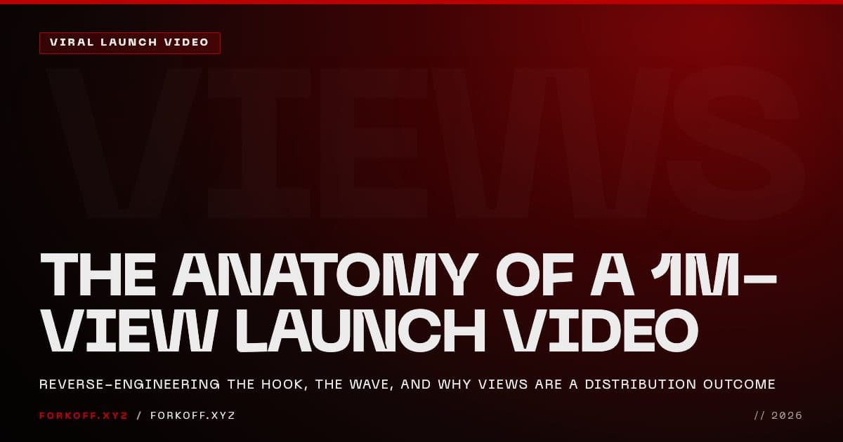Diagram of how a 1M-view launch video works, from the first-second hook through the distribution wave that compounds it to a million views, 2026