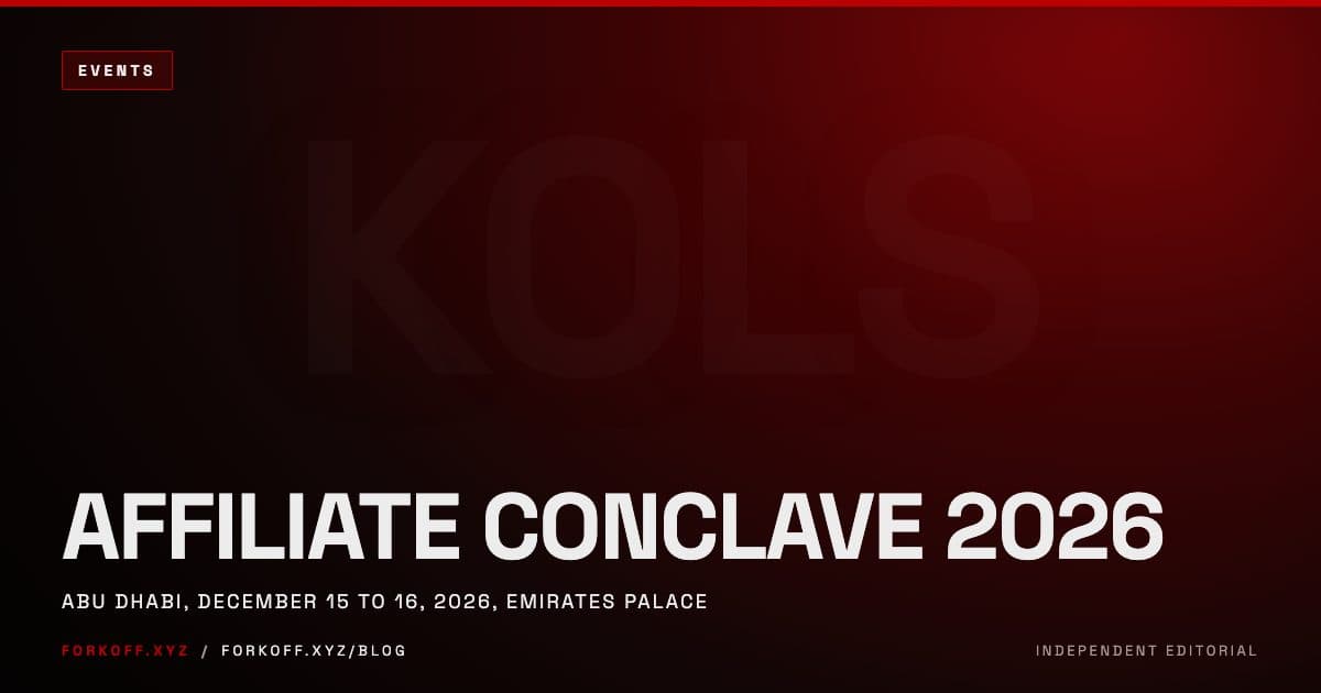 Affiliate Conclave 2026 event preview cover showing the December 15 to 16 dates at Emirates Palace in Abu Dhabi, FORKOFF red accent.