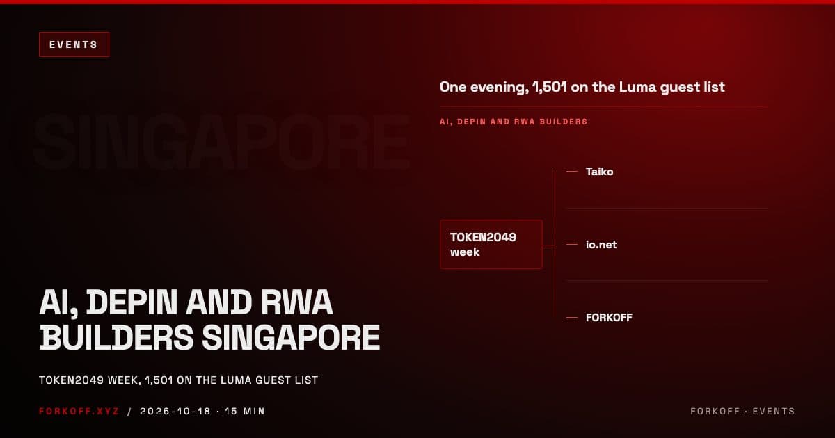Cover for a recap of AI, DePIN and RWA Builders, the evening side event FORKOFF hosted with Taiko and io.net in Singapore on 30 September 2025