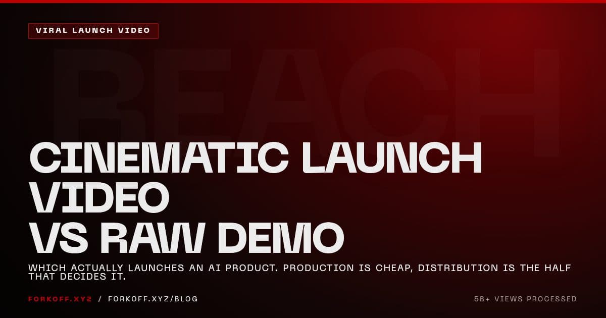 Cinematic launch video versus raw demo, split-frame cover, with the caption that distribution is the half that launches an AI product
