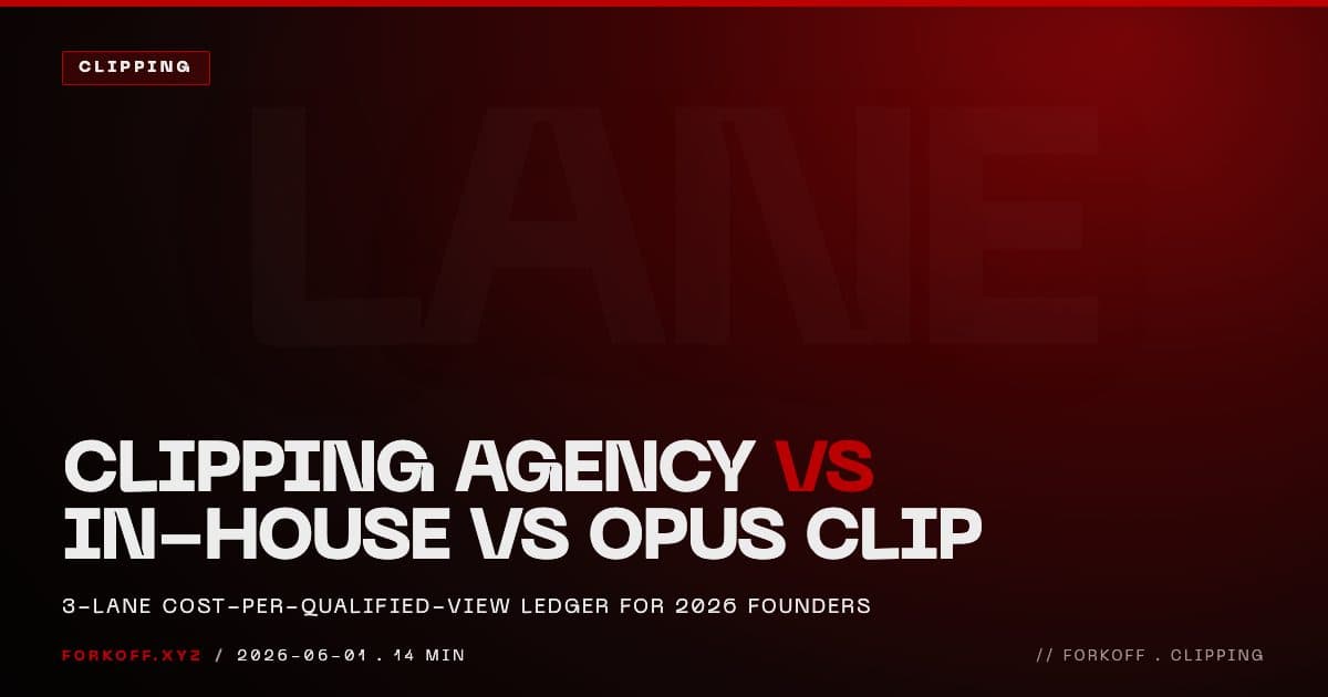 Clipping agency vs in-house editor vs Opus Clip cost per qualified view 2026, FORKOFF 3-lane CPQV ledger cover with ghost LANE monumental type