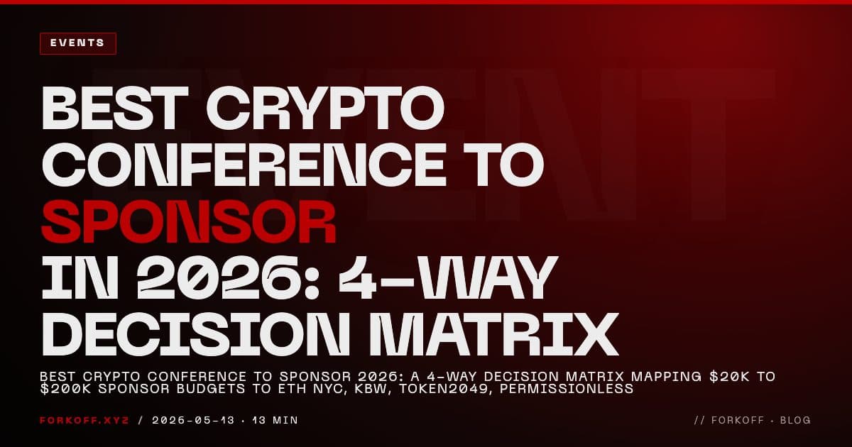 FORKOFF events cover mapping $20K to $200K crypto sponsor budgets against ETH NYC, KBW Seoul, Token2049 Singapore, and Permissionless Brooklyn on a 4-way decision matrix,.