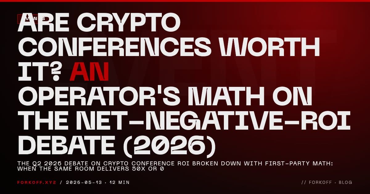 FORKOFF events cover arguing the Q2 2026 net-negative-ROI debate with first-party math on the 4 inputs that flip conference outcomes, ghost ROI watermark and red NET-NEG.