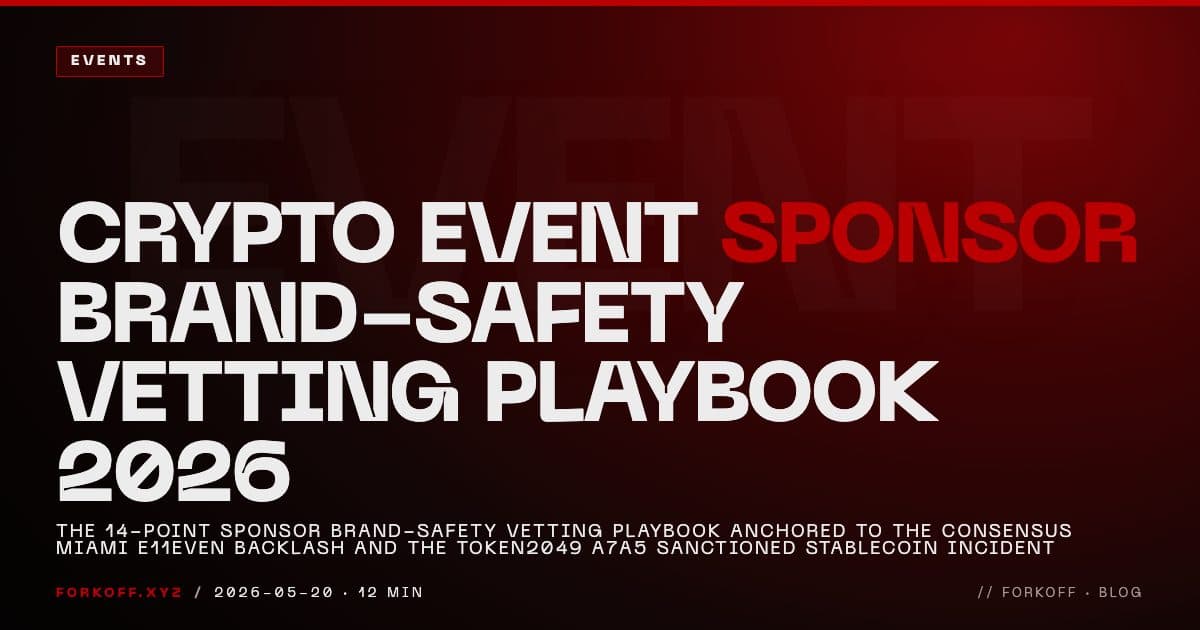 FORKOFF cover, 14-point sponsor brand-safety vetting playbook anchored to Consensus Miami and Token2049 A7A5 incidents, sponsor-buyer and event-host sides.