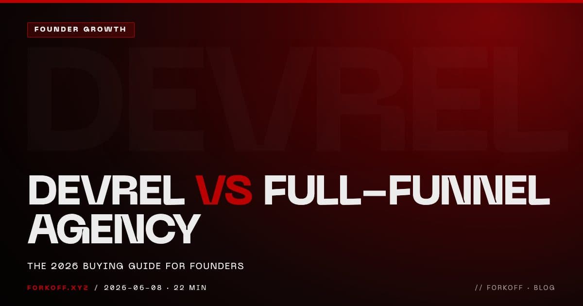 Decision framework showing when a founder should hire a DevRel-specialist agency versus a full-funnel distribution agency for web3, AI, and SaaS go-to-market in 2026