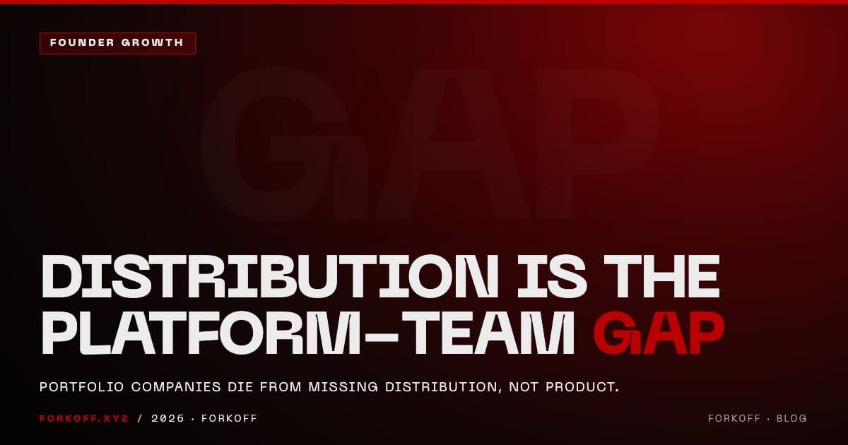 FORKOFF founder growth cover: distribution is the platform-team gap killing your portfolio, white and red type on FK oxblood