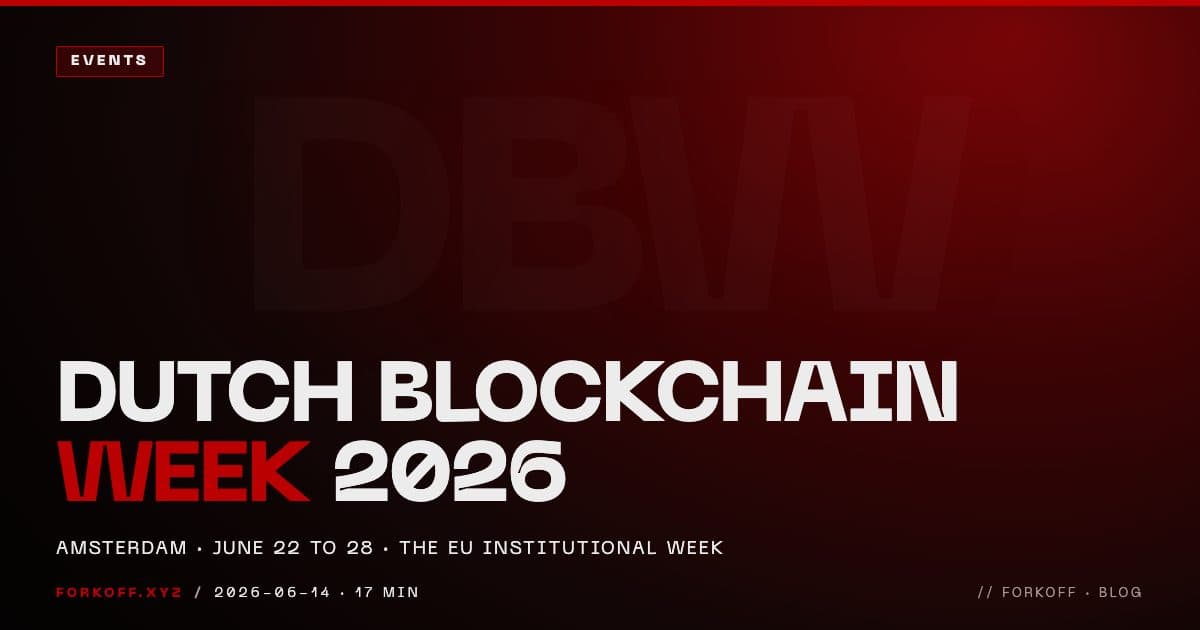 Dutch Blockchain Week 2026 Amsterdam event preview cover showing the June 22 to 28 week and the DBW Summit on June 24 to 25 at the Johan Cruijff ArenA, FORKOFF red accent.