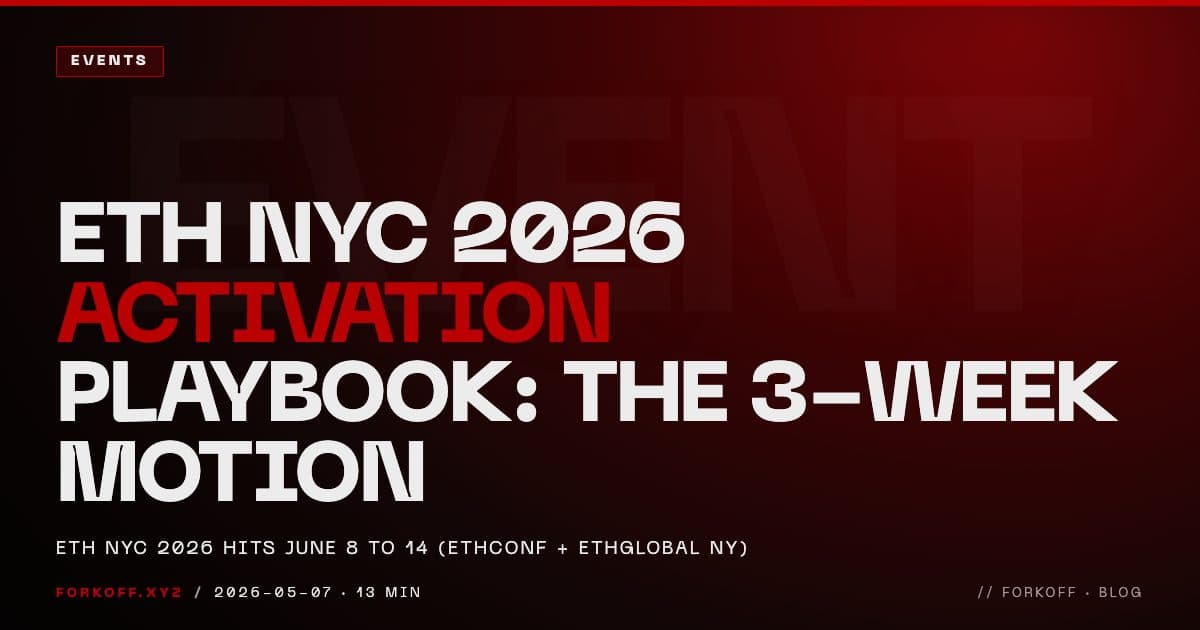 ETH NYC 2026 activation playbook cover: 3-week motion for L2s and infra teams