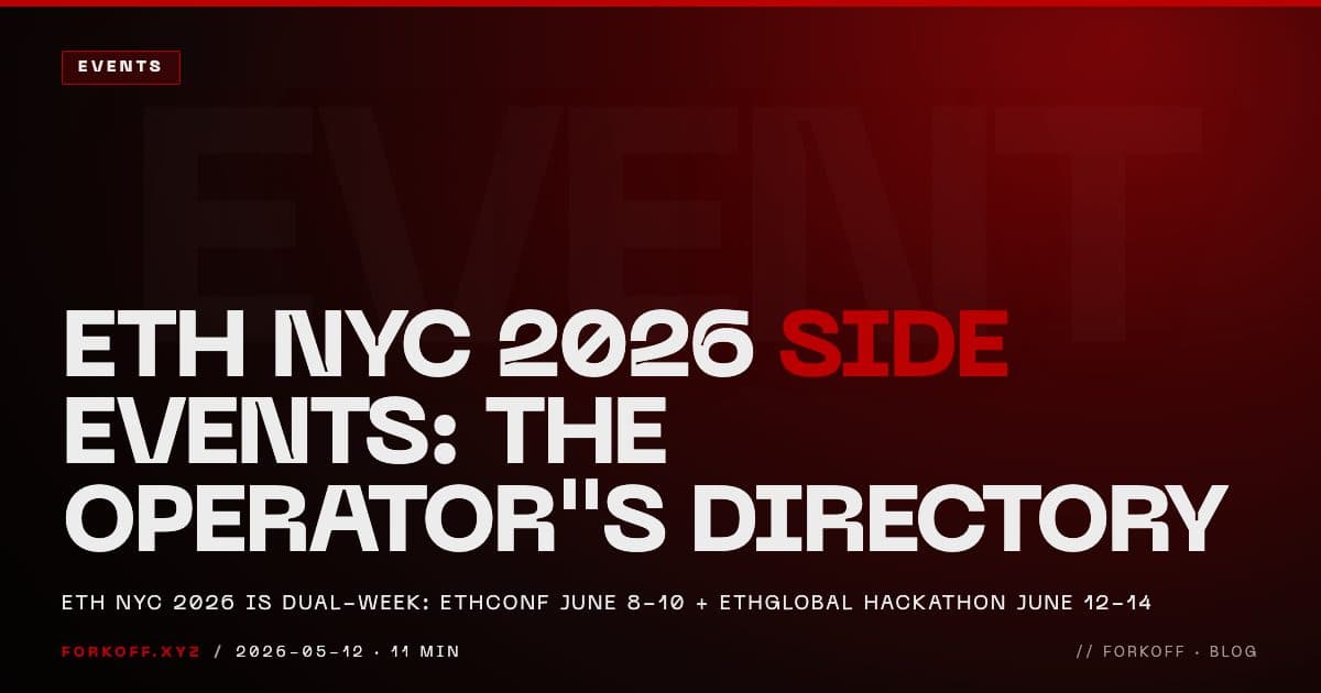 FORKOFF events cover curating 32 plus ETH NYC 2026 side events across 5 lanes for the June 8 to 14 dual-week conference, ghost NYC watermark and red SIDE accent.