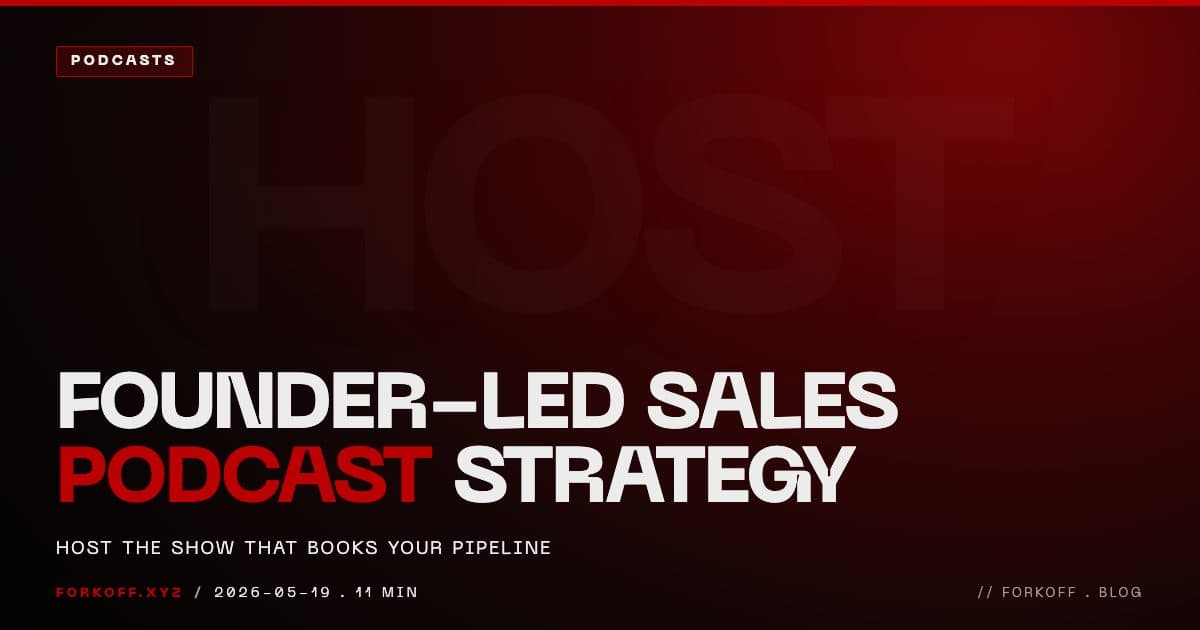 Founder-Led Sales Podcast Strategy 2026 cover: host the show that books your pipeline. FORKOFF Podcast Engine.