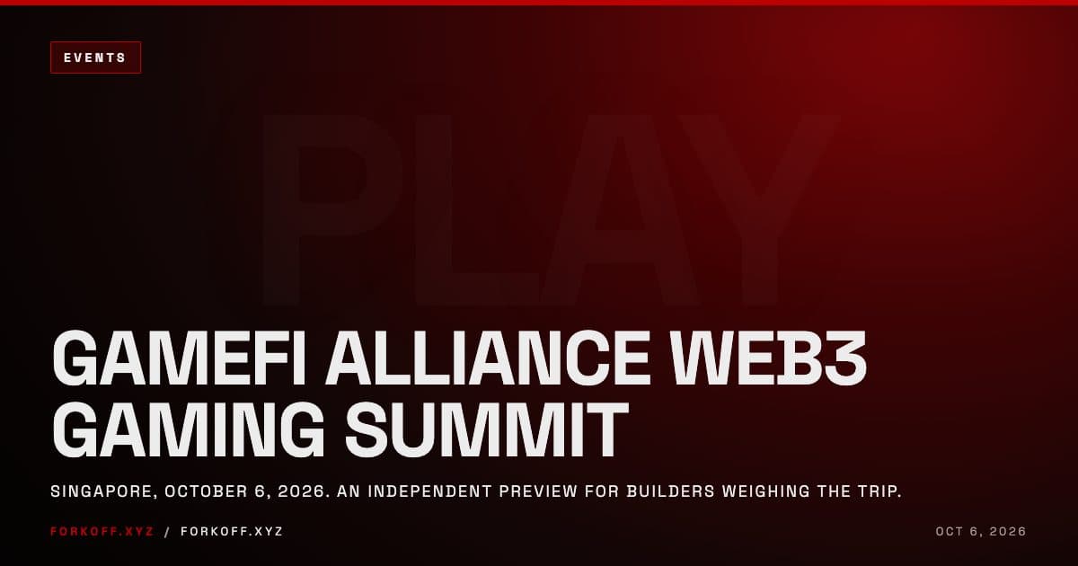 GameFi Alliance Web3 Gaming Summit 2026 event preview cover showing the October 6 date in Singapore, FORKOFF red accent.