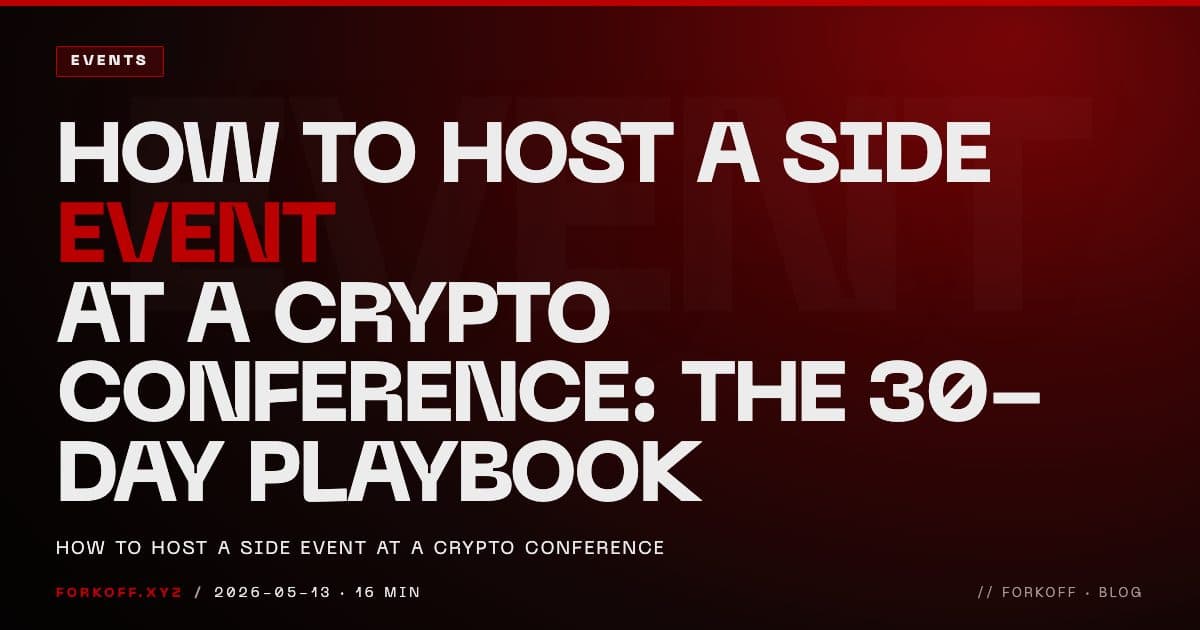 FORKOFF events cover laying out the 30-day T-minus-30 playbook to host a crypto conference side event across 5 operating lanes, ghost T-30 watermark and red EVENT accent.