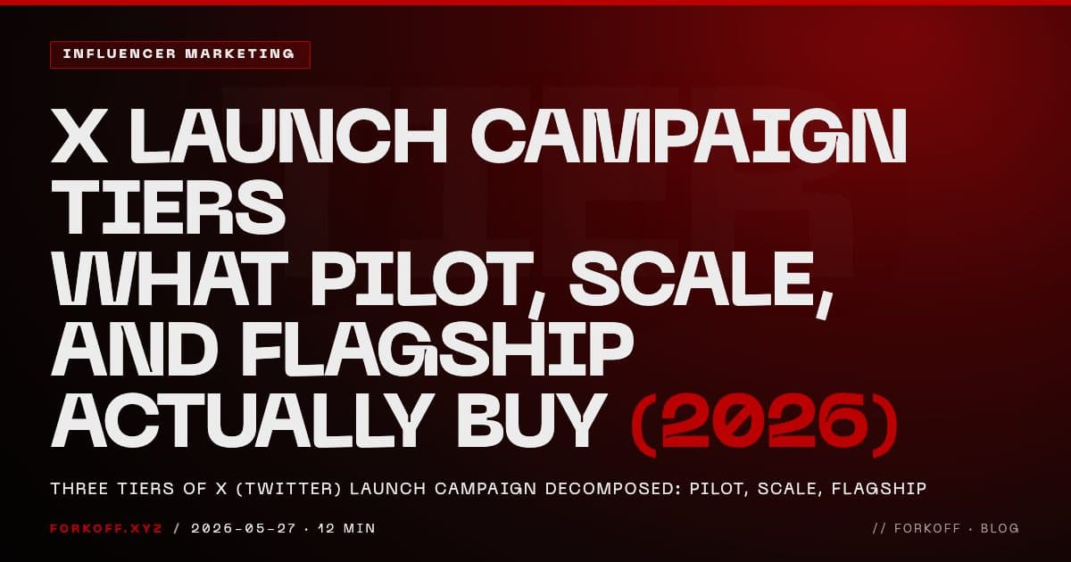 Three X launch campaign tier cards: Pilot, Scale, Flagship with deliverable comparison