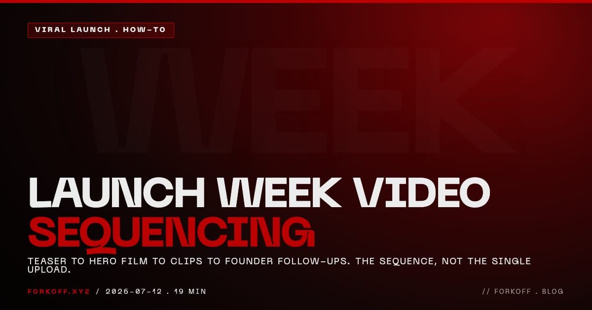 A launch week is a video sequence, not a single launch-day upload: teaser, hero film, clips, and founder follow-ups each posted on a specific day and surface.