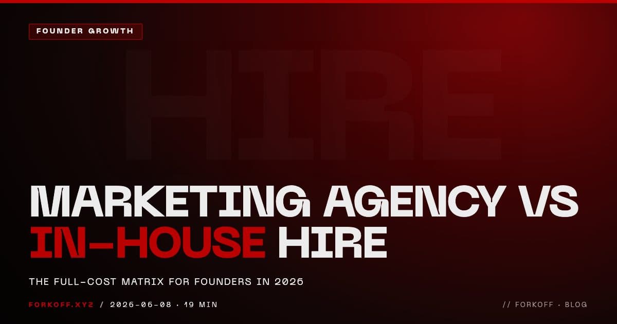 Marketing agency vs in house hire full-cost matrix comparing loaded salary, ramp, churn, tools, and outcome-priced agency engagement for founders in 2026