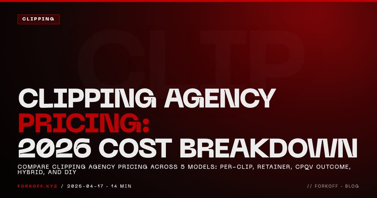 FORKOFF clipping cover breaking down 2026 podcast clipping agency pricing bands across retainers, per-clip rates, campaigns, and CPM math, with PRICE ghost watermark and.