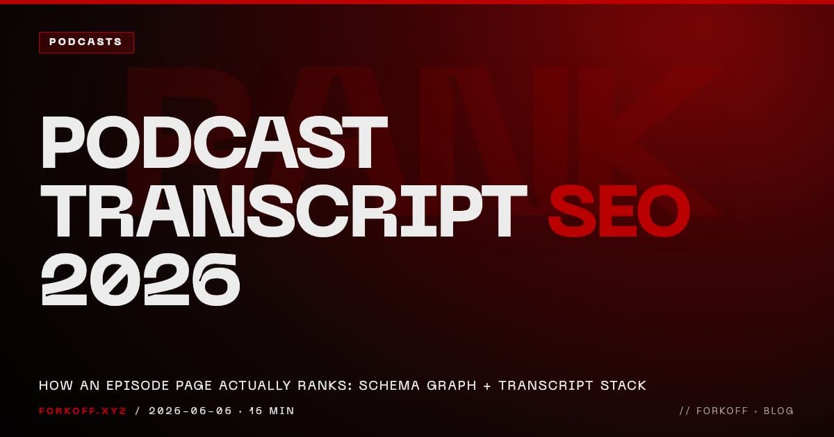 Podcast transcript SEO 2026: how an episode page actually ranks, the schema graph and transcript stack cover