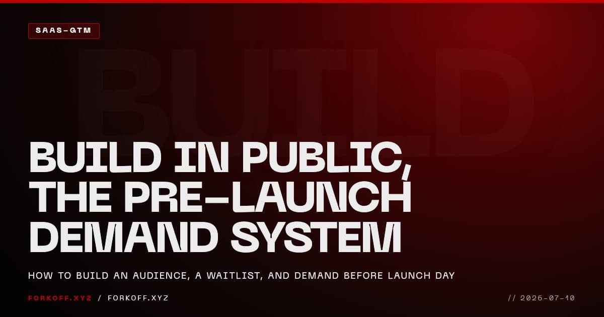 FORKOFF build in public pre-launch marketing system cover: the cadence calendar and waitlist playbook, white type on FK_RED