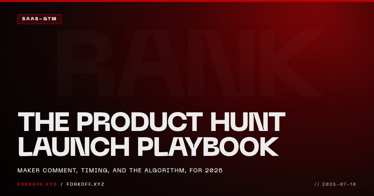 FORKOFF Product Hunt launch playbook cover: maker comment, timing, and the ranking algorithm, white type on FK_RED