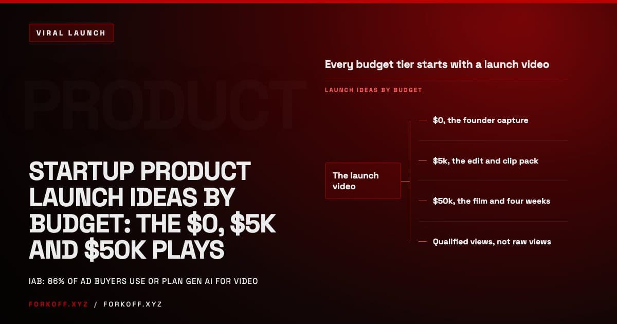 Cover for a guide to startup product launch ideas by budget: zero, five thousand and fifty thousand dollar tiers, each built around a launch video