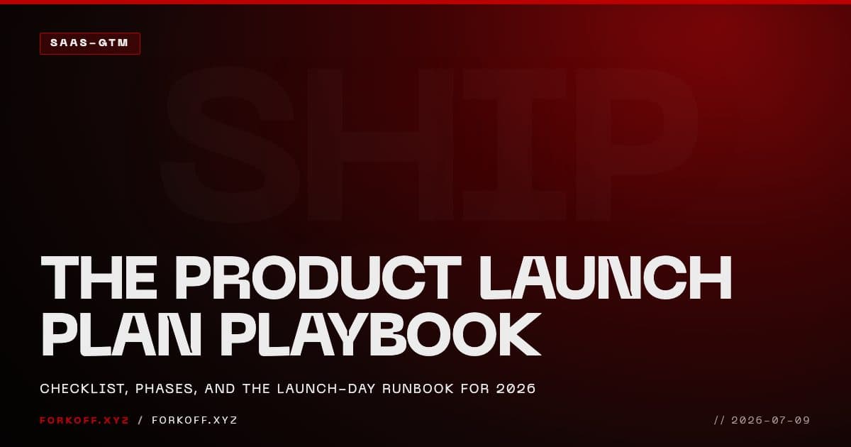 FORKOFF product launch plan playbook cover: the three phases and launch-day runbook, white type on FK_RED