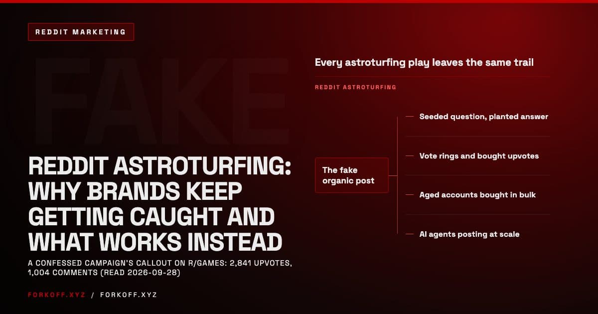 Cover for a guide to Reddit astroturfing: seeded questions, vote rings, bought accounts and AI agents, why brands get caught and what legitimate presence looks like