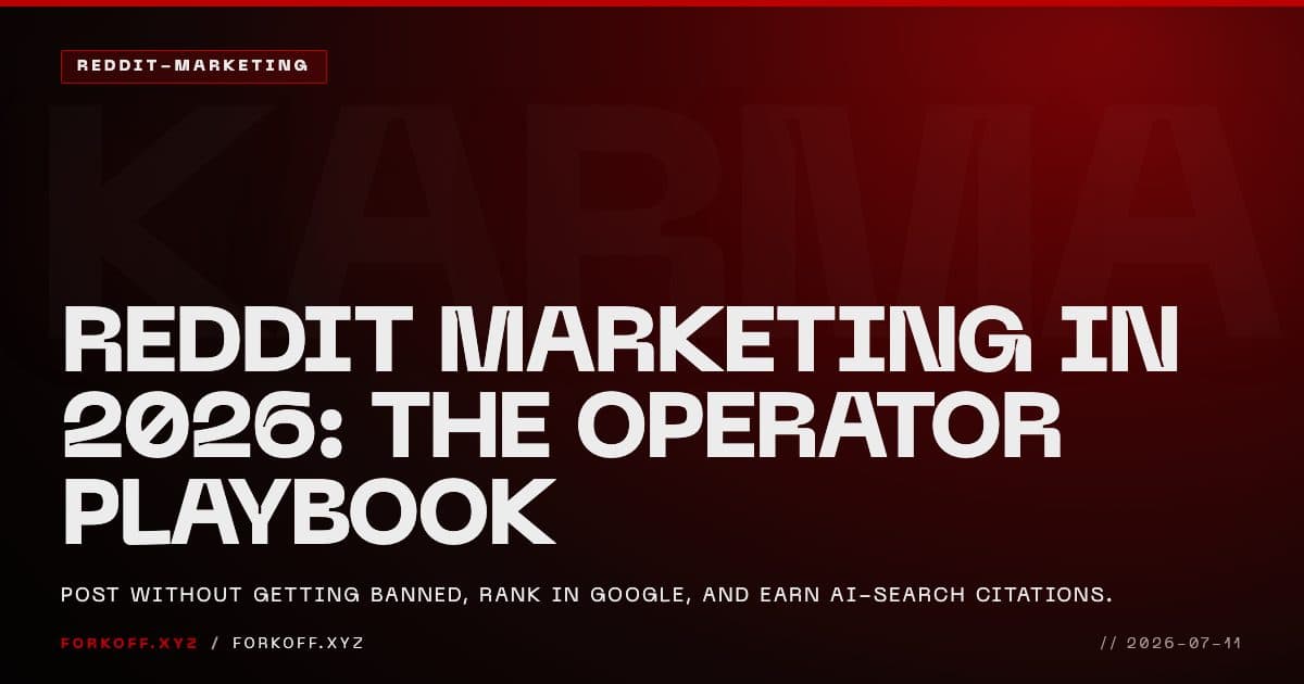 Reddit marketing 2026 operator playbook cover, white on FK_RED background with KARMA watermark