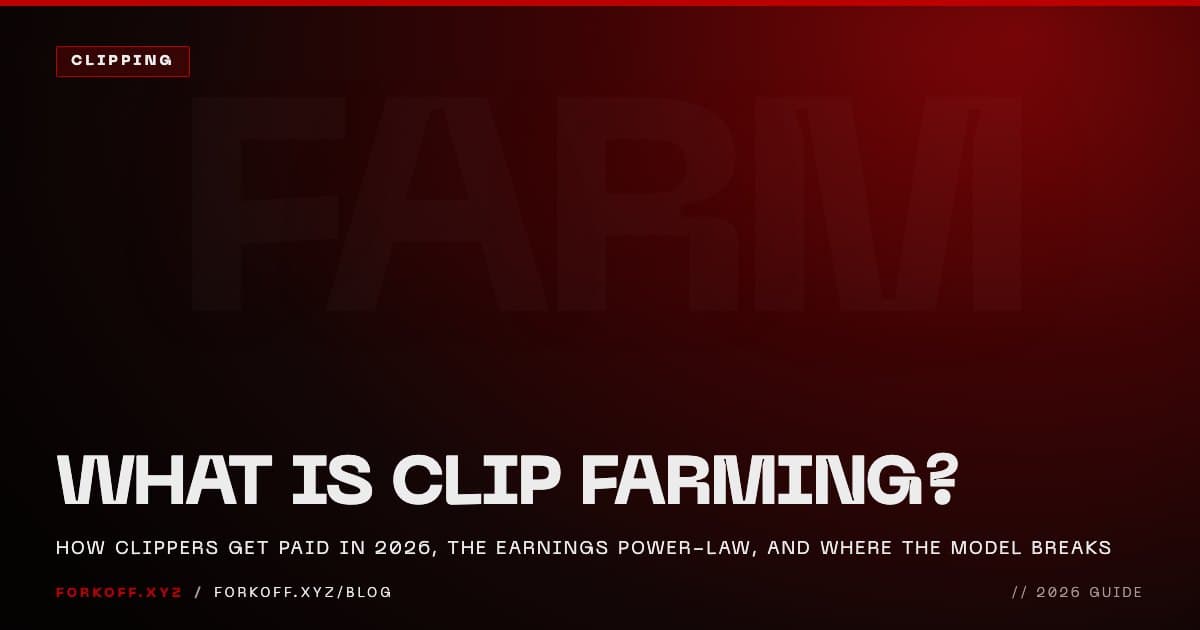 What is clip farming in 2026: mass-producing clips across many accounts for per-view payouts, the earnings power-law, and where the model breaks, FORKOFF clip-economy guide