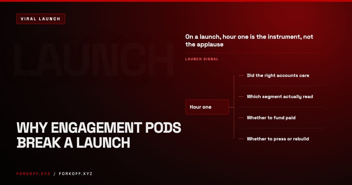 Cover for an operator argument on why LinkedIn engagement pods break a product launch, showing the four launch decisions a founder reads off the first hour of a post