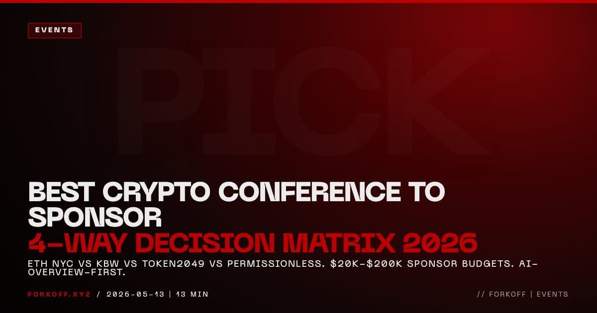 Best crypto conference to sponsor 2026: 4-way decision matrix between ETH NYC, KBW Seoul, Token2049 Singapore, Permissionless Brooklyn for $20K-$200K sponsor budgets.