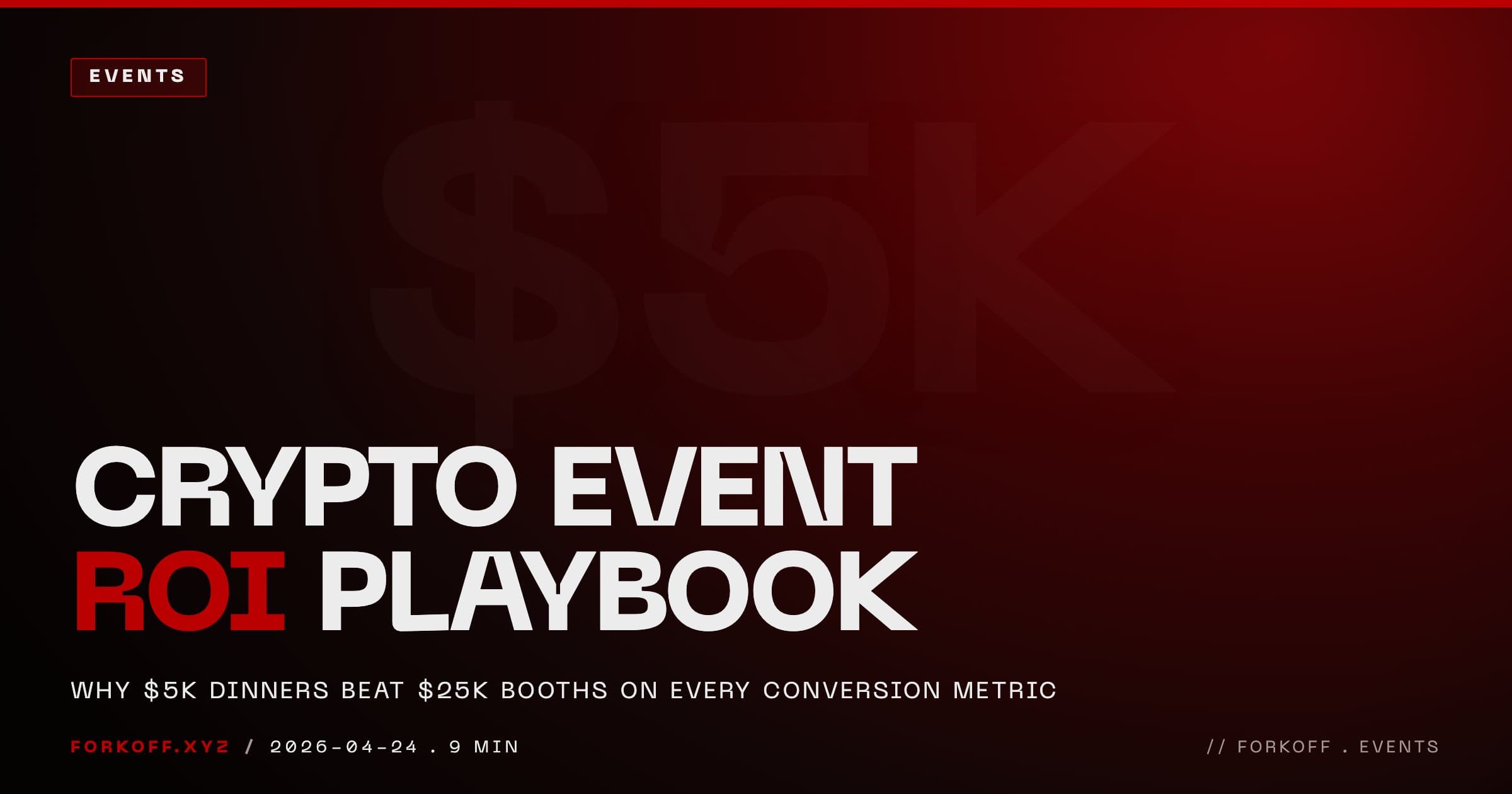 FORKOFF events cover explaining how $5K side-event dinners outperform $25K booth spend on every tracked conversion metric, ghost $5K watermark and red ROI accent.