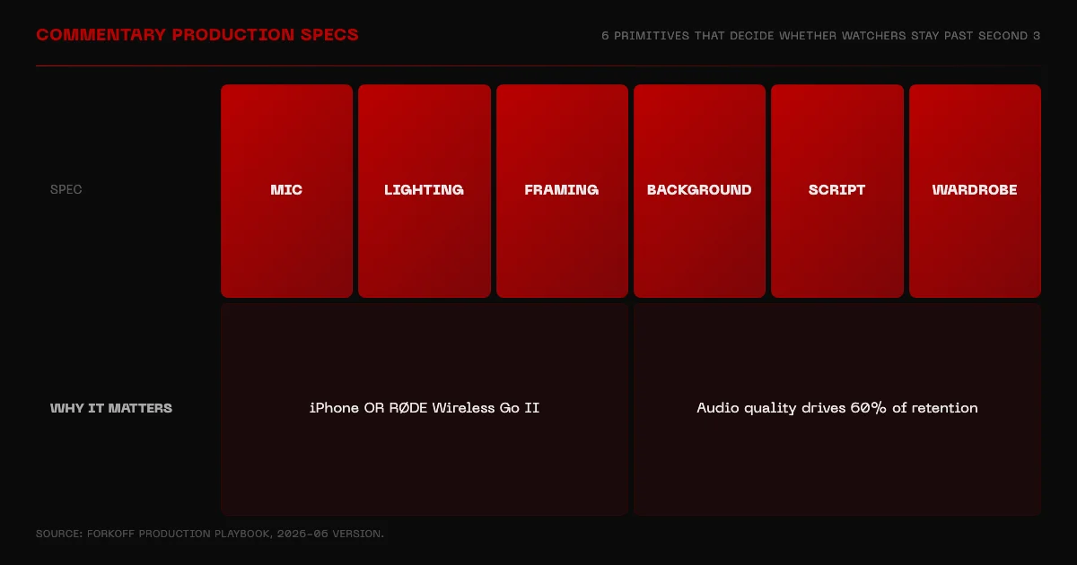 X Commentary production spec grid covering mic, lighting, framing, and background