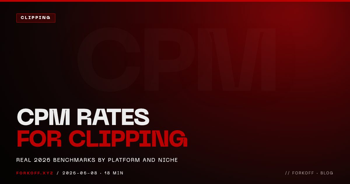 FORKOFF CPM rates for clipping benchmark grid 2026, six-niche breakdown on dark gradient
